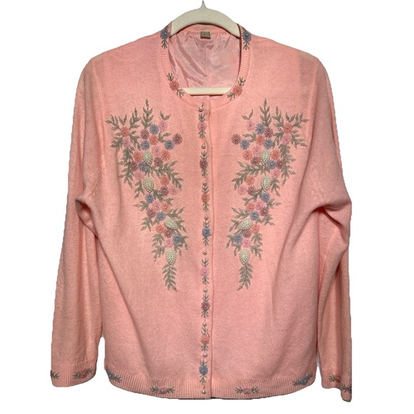 Sweaters - VTG 50's Floral Beaded Cardigan Sweater Pink Faux Pearl UK Sz 40 (10-12 US) EUC